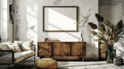 A mockup poster blank frame hanging on a rustic sideboard, above a trendy futon, loft, Scandinavian style interior design