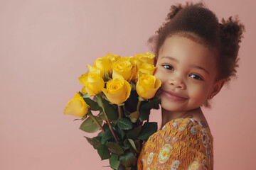 niña afroamericana sonriente peinada con pelo rizado sosteniendo entre sus brazos un ramo de rosas amarillas, sobre fondo rosa claro pastel - obrazy, fototapety, plakaty