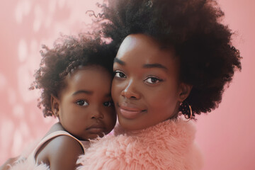 joven madre afroamericana sosteniendo a su hija en brazos mirando a cámara sonrientes, llevando vestidos rosas, sobre fondo rosa con efecto bokeh - obrazy, fototapety, plakaty