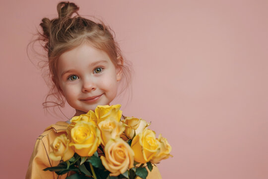 niña rubia de ojos azules sonriente peinada con el pelo recogido, sosteniendo entre sus brazos un ramo de rosas amarillas, sobre fondo rosa claro pastel