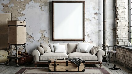 A mockup poster blank frame hanging on a repurposed trunk, above a trendy futon, loft, Scandinavian style interior design