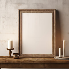 Luxurious Golden Picture Frame on Antique Wood Console Table with Candlelight Ambiance  Refined Wall Decor