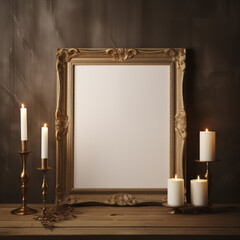 Vintage Gold Frame with Elegant Candles and Statue Decor on Wooden Sideboard  Classic Interior Mockup