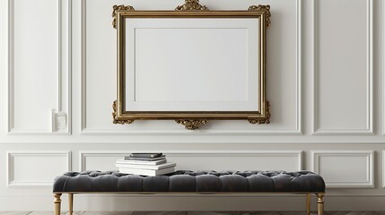 A mockup poster blank frame in an ornate gold frame, above a velvet cushion bench, surrounded by stacked coffee table books, in monochrome white