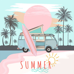 Fashion vector apparel print with van, palms and surfboard, summer vibes design - 740708352