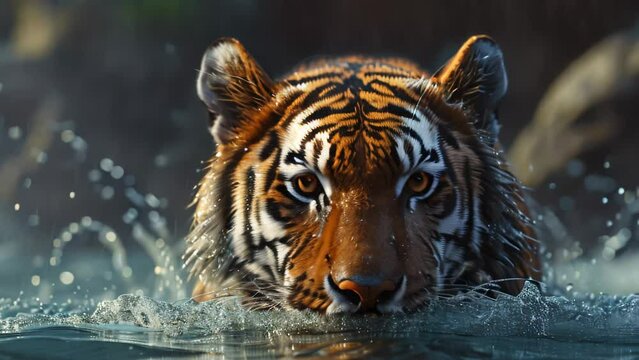 tiger swimming at lake. 4k video animation