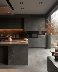 Laconic kitchen in high-tech style with smart gadgets and warm accents. - obrazy, fototapety, plakaty