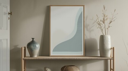 A mockup poster blank frame with a rounded oak frame, hanging on a woven ladder shelf, complemented by a decorative vase and abstract sculpture, in muted greens and blues