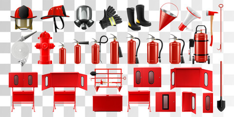 Set of fire fighting equipment, including protective gloves, boots, stands, shovel, axe, hydrant, helmet, hose, fire bucket, extinguisher, gas mask isolated on white background. Realistic 3d vector