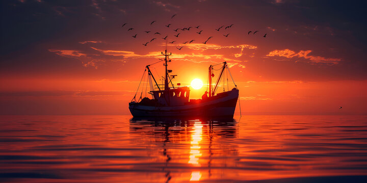 Fishing boat sunset. render silhouette of a deep sea fishing boat during sunset flay in bard blurred background