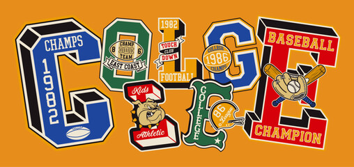 College athletic department initial font patches patchwork cute vintage vector artwork for boy kid children wear shirt sweatshirt print embroidery - 740709197