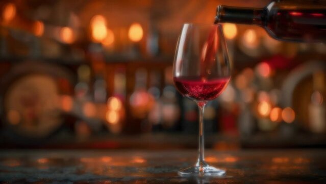 Red wine glass on bar in restaurant or club pouring red wine in glass. Close-up of filling wine glass with red wine in super slow motion. Pouring red wine into goblet. Red wine 4k video