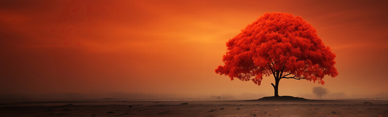 A solitary tree adorned with fiery red leaves stands tall amidst the barren desert landscape, offering a stark contrast against the arid surroundings. Empty space and place for text