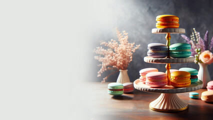 Sweet and colorful French macaroons on a table stand, place for text, banner, poster, celebration