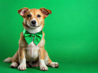 generative Ai, Cute dog with green necktie on color background. St. Patrick's Day celebration
