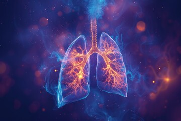 Virtual glowing lungs on a purple background with pink lights. 3D futuristic image illuminated with orange light.  - obrazy, fototapety, plakaty
