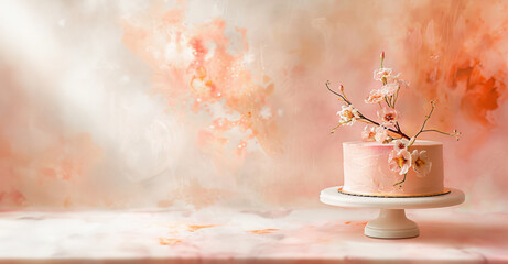 Romantic cake with minimalist floral decoration, banner.
