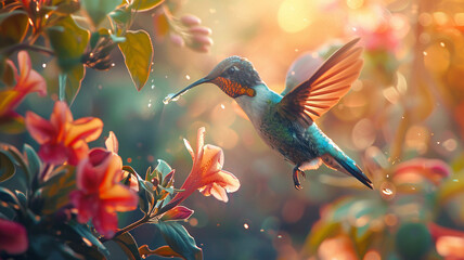 A colorful hummingbird hovers mid-air, its delicate wings beating rapidly as it feeds on nectar from a vibrant flower.  - obrazy, fototapety, plakaty