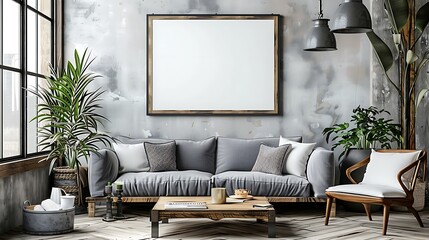 A mockup poster blank frame hanging on a reclaimed wooden table, above a chic settee, library, Scandinavian style interior design