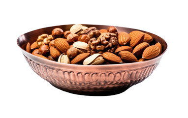 A metal bowl containing a variety of nuts. on White or PNG Transparent Background.