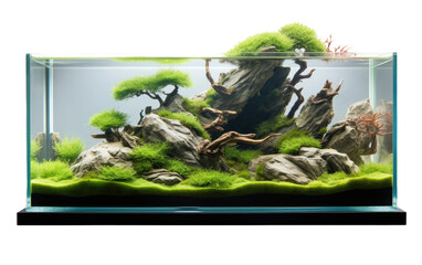 This photo captures an aquarium bursting with an abundance of green plants and rocks, creating a tranquil and captivating underwater scene. on White or PNG Transparent Background.