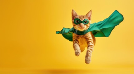 adorable and cute cat. superhero, scotch whiskey with a green cloak and mask. The concept of a superhero, super cat, leader. On a yellow backgrounds. 