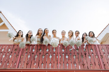 Wedding photo session in nature. The bride and her bridesmaids pose with bouquets