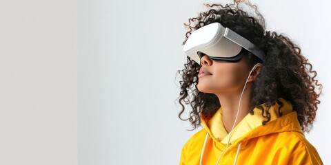 Young woman immersed in virtual reality experience wearing VR headset modern depiction of futuristic technology and networked entertainment showcasing joy and innovation of digital simulation