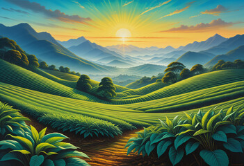 Image of a terraced tea plantation in the countryside - obrazy, fototapety, plakaty