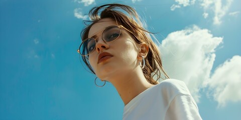 Naklejka premium Chic young woman flaunting glasses and white tee in fashion shoot. Concept Fashion Shoot, Eyewear Styling, White Tee Outfit, Chic Poses, Stylish Accessories
