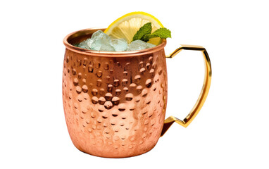 A copper mug filled with ice and adorned with a refreshing lemon slice. on White or PNG Transparent Background.