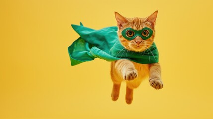 adorable and cute cat. superhero, scotch whiskey with a green cloak and mask. The concept of a superhero, super cat, leader. On a yellow backgrounds. 