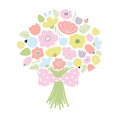 Bouquet of spring flowers tied with ribbon hand drawn illustration. Flat style design, isolated vector. Easter holiday clipart, seasonal card, banner, poster, element. Pastel blossoms, blooms, florals