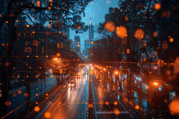 City street at night in the rain with orange bokeh lights