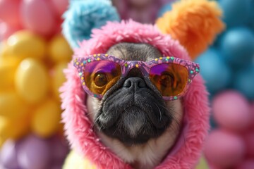 Obraz premium Dog in Easter Pet Parade. Dog showcase their furry friends in an Easter pet parade, dressing them up in adorable bunny costumes or colorful Easter outfits