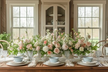 Fototapeta na wymiar Family Brunch. A table set with pastel-colored tableware and fresh spring flowers serves as the backdrop for a family Easter brunch. Loved ones gather around