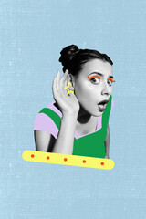 Vertical collage of interested black white effect girl hand ear eavesdrop listen conversation...