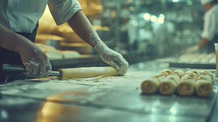 A baker kneading bread on a wooden board with a rolling pin
