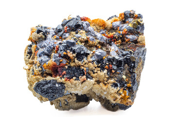 A raw cluster of pyrite, galena, limonite, calcite and sphalerite isolated on a white background surface macro. A variety of crystallised sulfide, hydroxide, iron and silicate minerals in matrix.