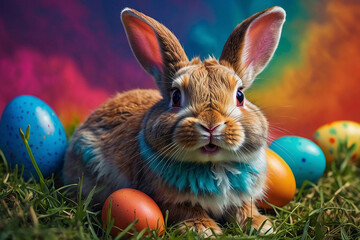 Fototapeta na wymiar colorful Cute easter bunny rabbit and cute smile
