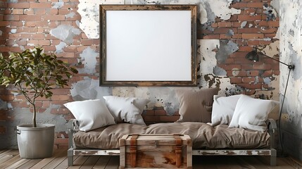 A mockup poster blank frame hanging on a salvaged chest, above a modern futon, basement, Scandinavian style interior design