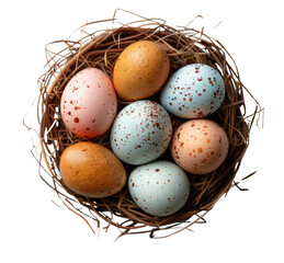 Naklejka na ściany i meble Easter eggs in a basket nest isolated on white transparent. PNG