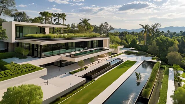 This modern home seamlessly blends sculpted earthworks into the landscape creating a unique and visually striking exterior. Cascading water features and manicured gardens
