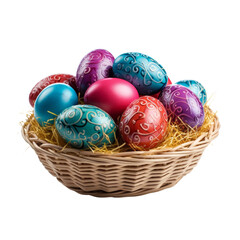 Easter eggs in a basket nest isolated on white transparent. PNG