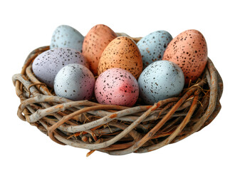 Easter eggs in a basket nest isolated on white transparent. PNG