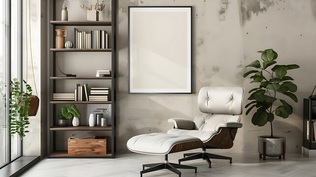 A mockup poster blank frame hanging on an industrial shelving system, above a plush recliner, home office, Scandinavian style interior design