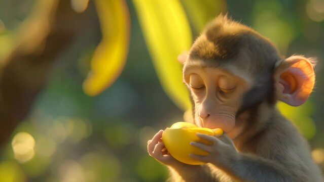 cute macaque monkey eating a fruit. 4k video animation