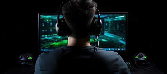 Back view of a Young gamer playing video game wearing headphone on black background