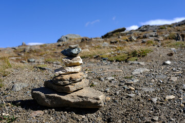 Stacked rock zen pagoda on the way from Gornergrat to Rotenboden, Switzerland.