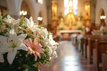 A delicate beautiful bouquet of white lilies and pink gerberas close-up on a blurred background of the interior of the church. Copy space. - obrazy, fototapety, plakaty